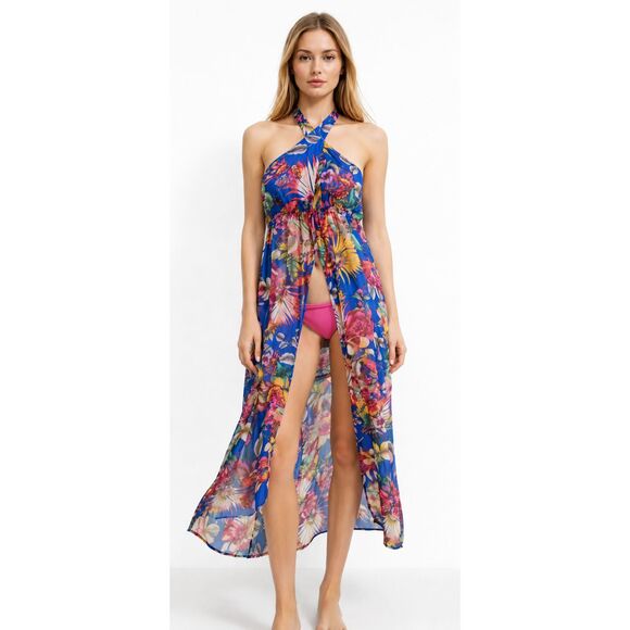 Francesca's Collections Other - Francesca’s NEW Floral Tropical Halter Swimsuit Cover Up Maxi Dress Size M/L
